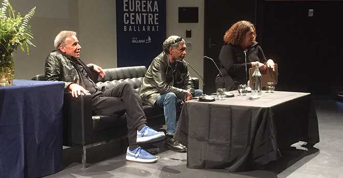 Three participants on stage at a Public Program at Eureka Centre Ballarat