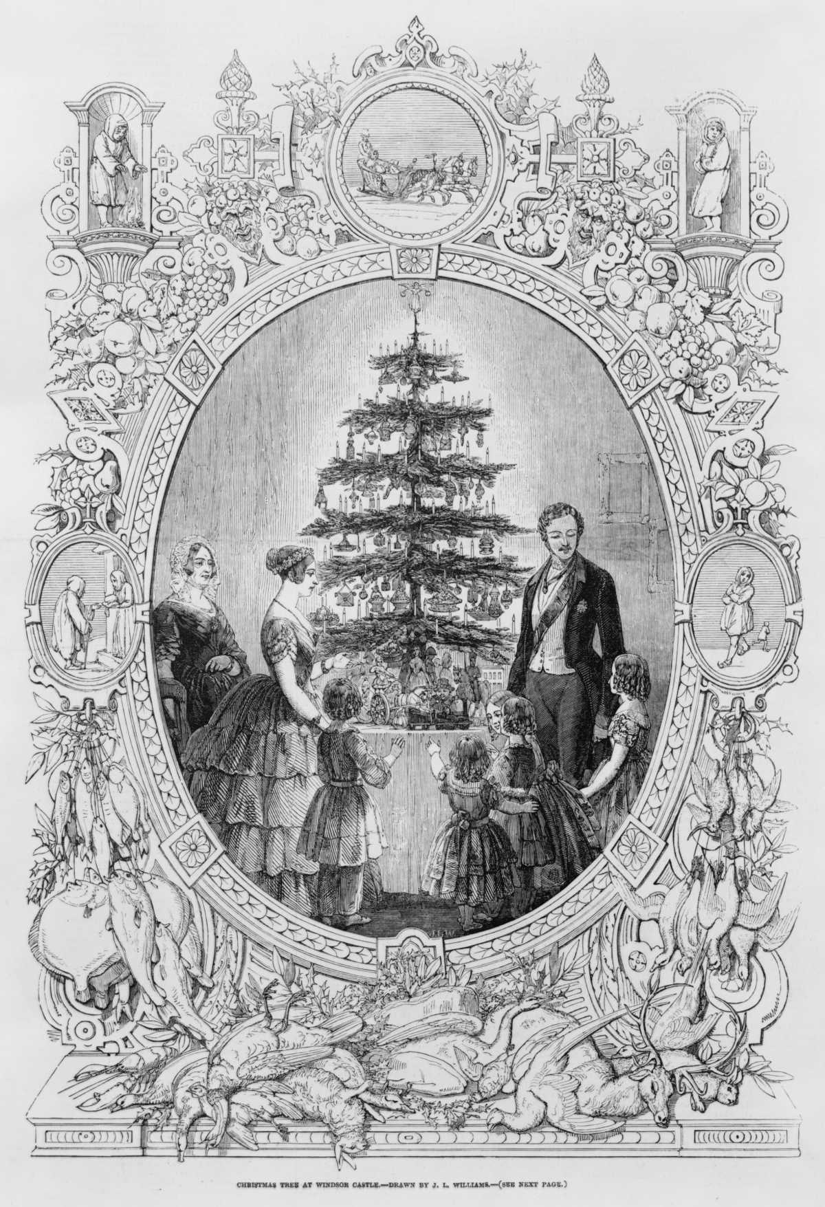Christmas Tree at Windsor Castle, drawn by J. L. Williams, wood engraving. Illustration for The Illustrated London News, Christmas Number 1848